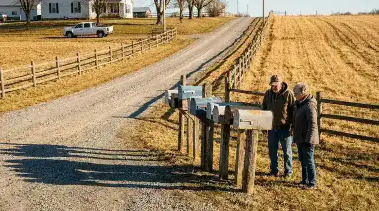A gravel rural mail route curving uphill past a row of mailboxes in morning light