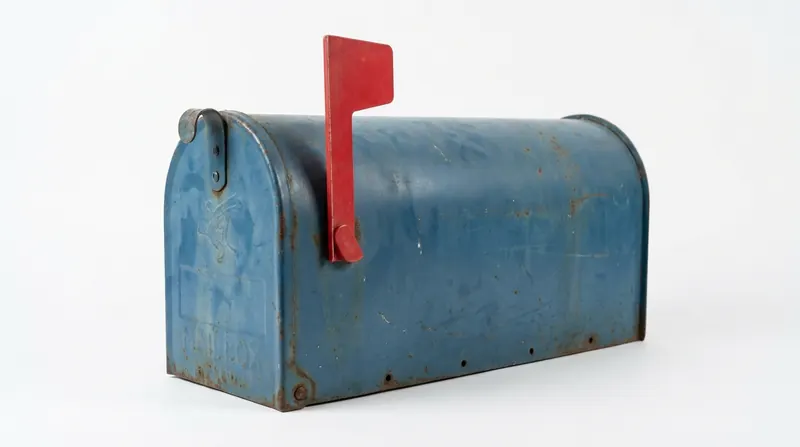 A small blue steel rural mailbox