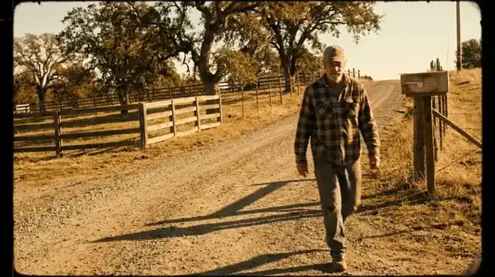 A fit older man walking down a country lane toward a cluster of mailboxes