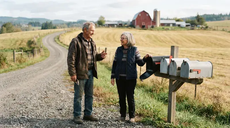 Two older neighbors talking beside a row of rural mailboxes on a gravel road hill