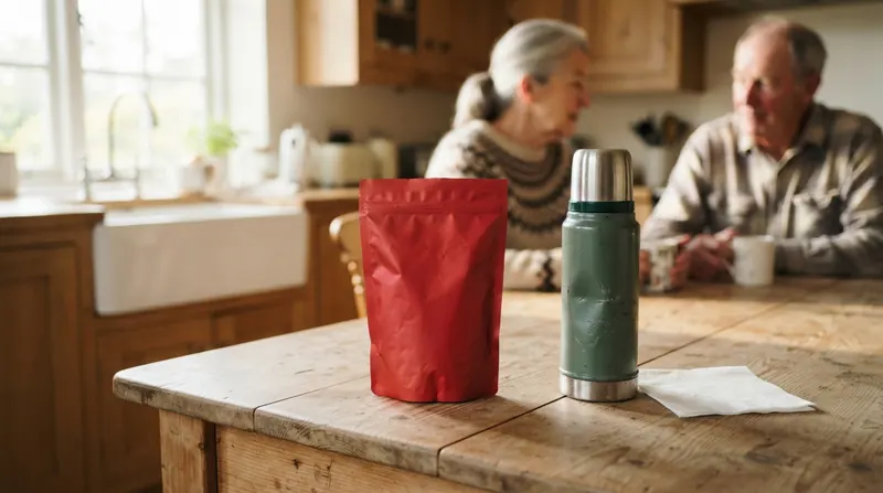 A red foil bag of chews standing on a wooden lunch table beside a thermos