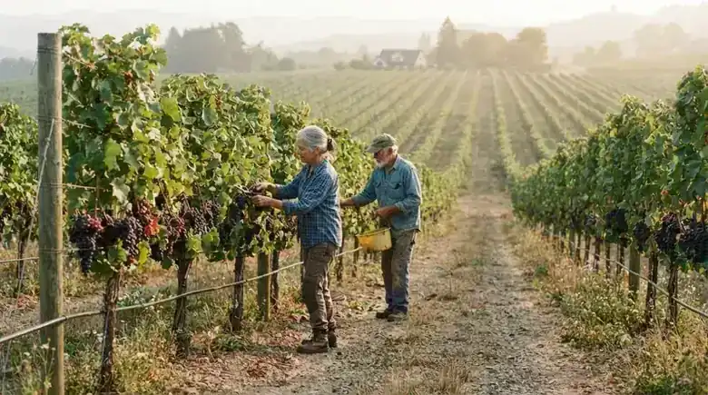 A vineyard fence row with grape vines in late summer light