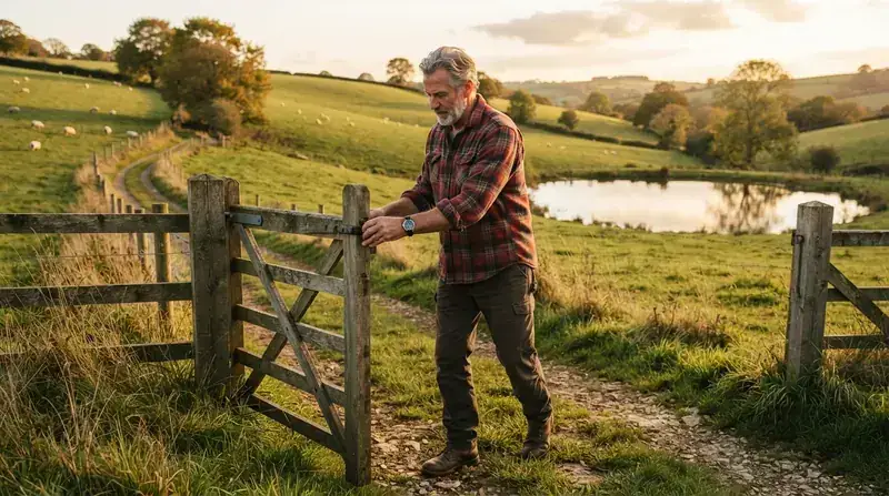 An older man opening a wooden fence gate on a farm lane in afternoon light