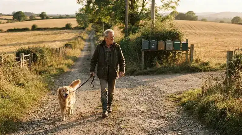 A man and a golden retriever walking up a gravel hill toward mailboxes