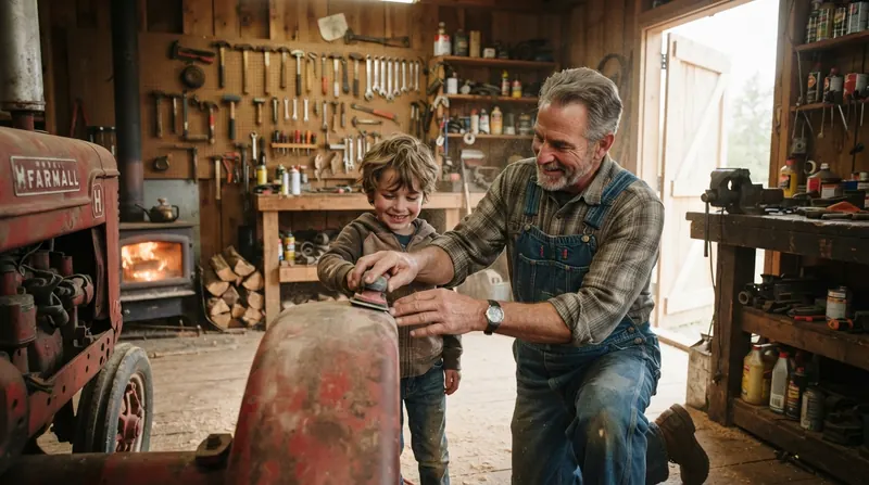 A grandfather and grandson restoring a red antique tractor inside a pole barn