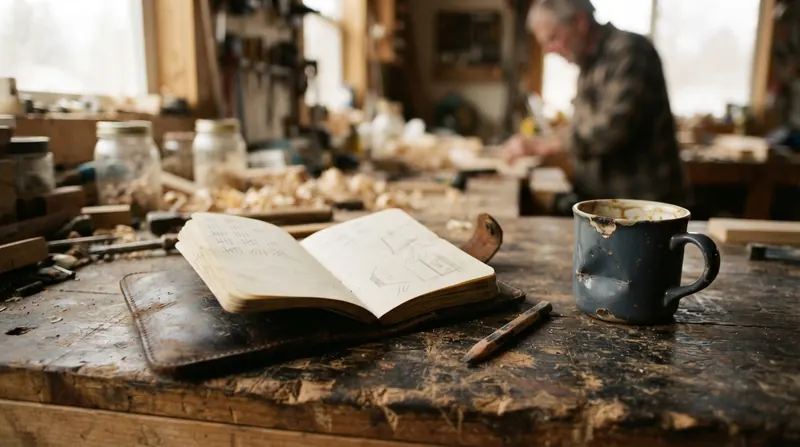 A worn pocket notebook and carpenter pencil on a workbench beside a coffee mug