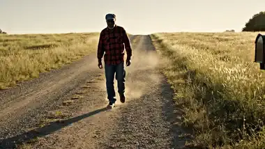 An older man walking up a gravel hill toward mailboxes, gentle pan