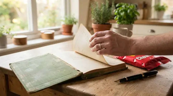 A green household ledger book and a red bag on a kitchen table, gentle zoom