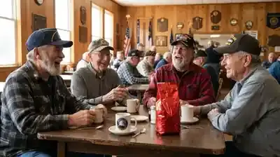 Older men talking around a table at a veterans hall, gentle zoom