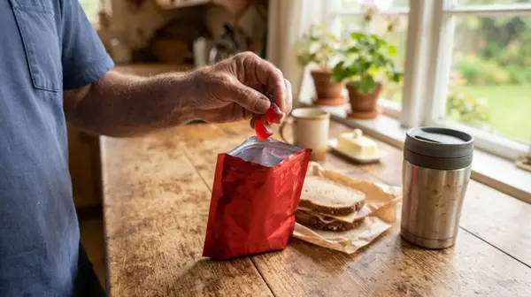 A man's hand taking two red chews from a red foil bag at a kitchen table, gentle zoom