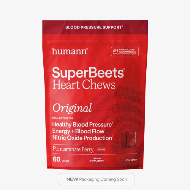 The SuperBeets Heart Chews red bag with its label